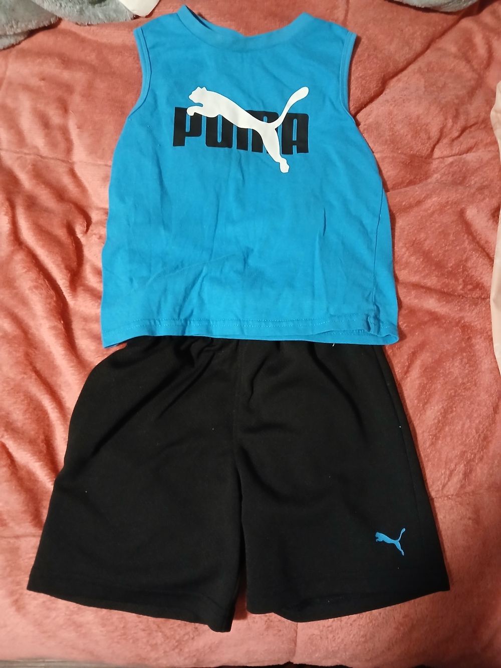Puma Blue Logo Tank & Black Puma Shorts Set